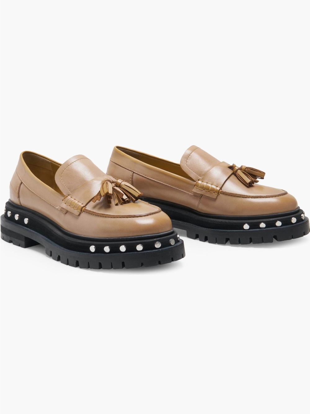 Free People Tan Leather Tassel Lug Sole Loafers